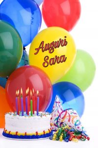 cartoline tanti auguri Sara palloncini torta candeline