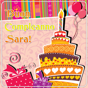 cartoline buon compleanno Sara palloncini torta candeline
