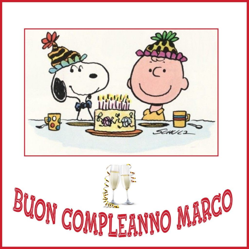 cartoline Buon Compleanno Marco torta candeline Snoopy Charlie Brown bambini