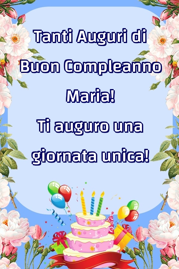 cartoline Buon Compleanno Maria torta candeline palloncini