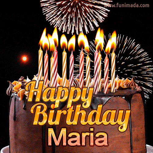 GIF Buon Compleanno happy birthday Maria torta cioccolato candeline fuochi d'artificio