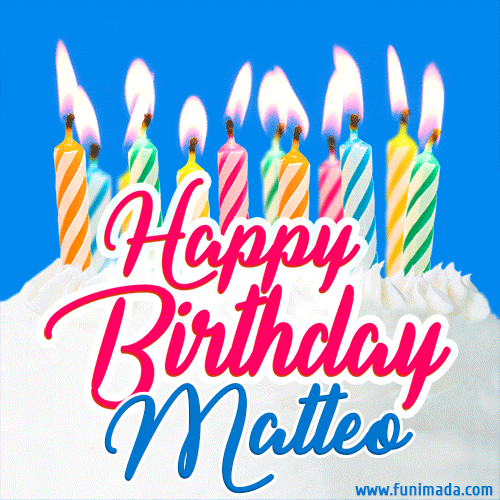 GIF auguri di buon compleanno Matteo fuochi torta candeline