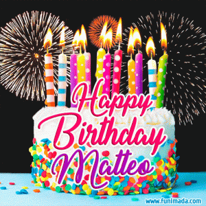 GIF auguri di buon compleanno Matteo fuochi d'artificio torta candeline