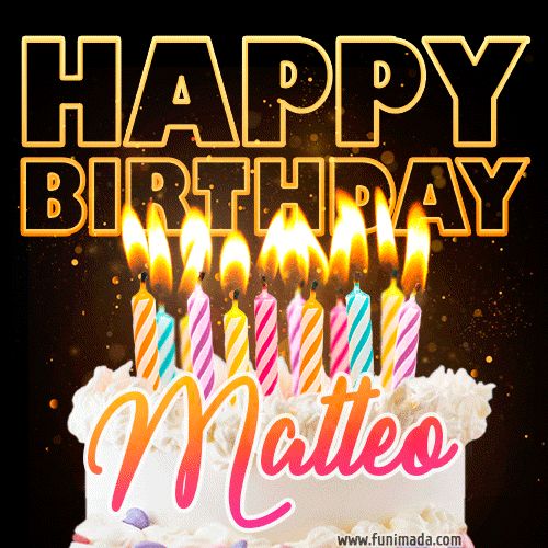 GIF auguri di buon compleanno Matteo fuochi d'artificio torta candeline