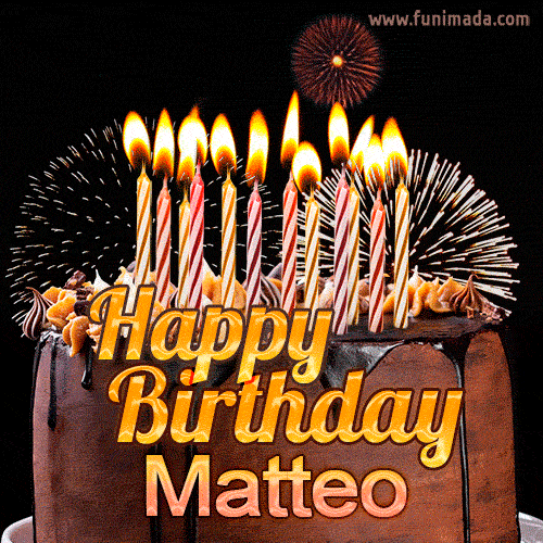 GIF auguri di buon compleanno Matteo fuochi d'artificio torta candeline