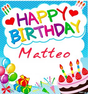 Immagini cartoline auguri Happy Birthday Matteo festa palloncini torta candeline