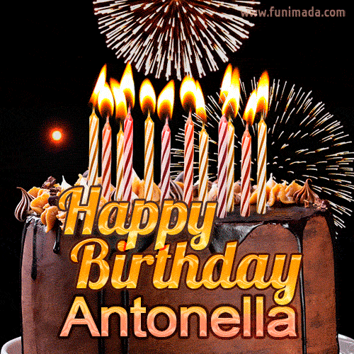 gif auguri buon compleanno happy birthday Antonella torta candeline fuochi di artificio