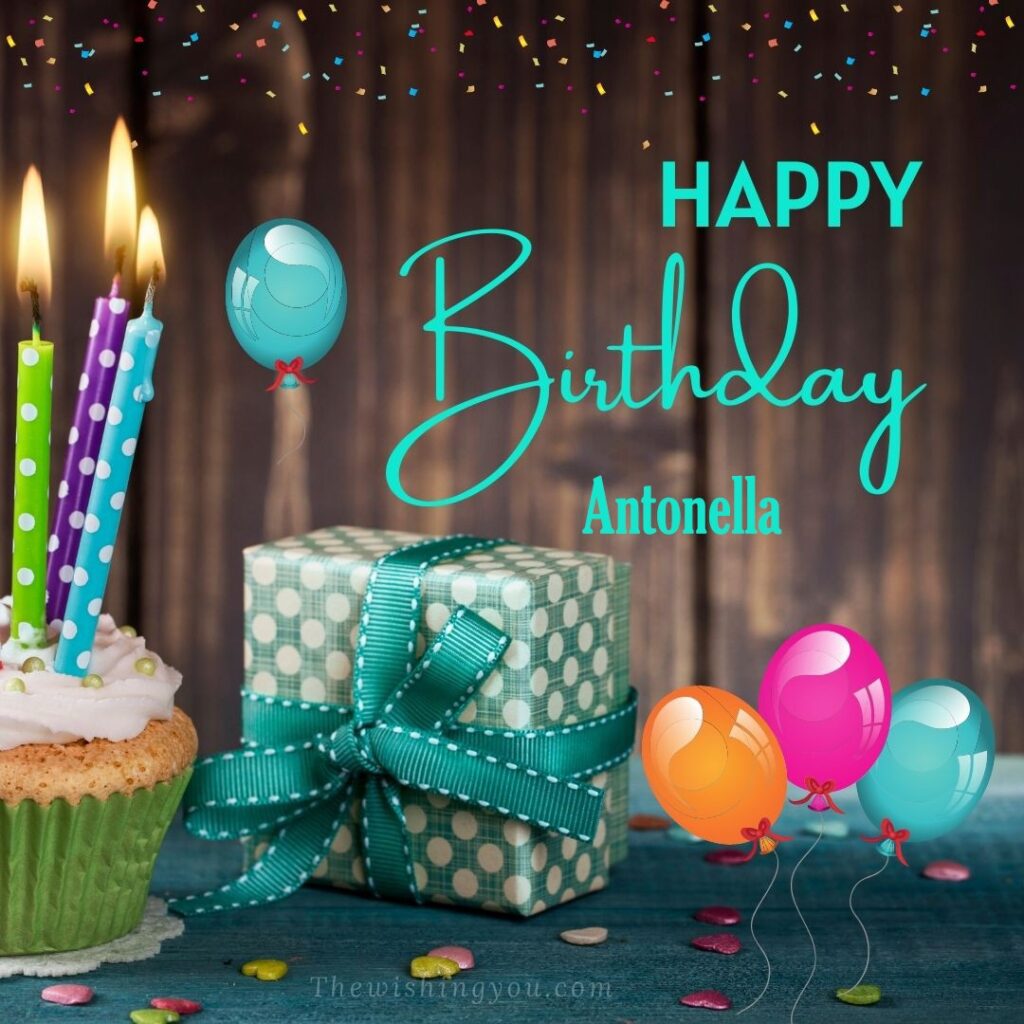 immagini cartoline auguri buon compleanno happy birthday Antonella torta candeline palloncini