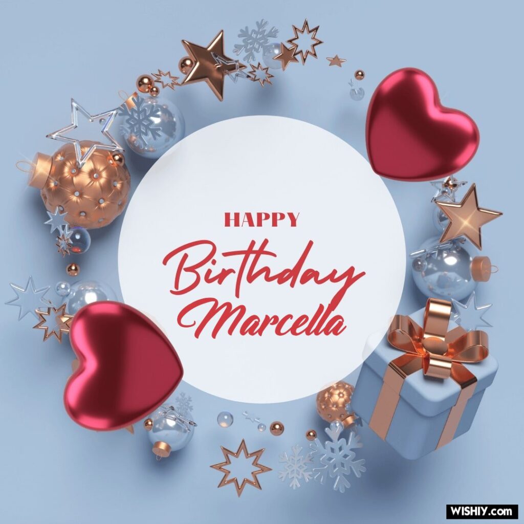 immagini cartoline buon compleanno happy birthday Marcella cuori regali stelle