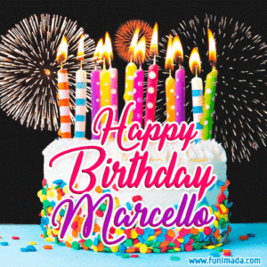 gif buon compleanno happy birthday Marcello torta candeline fuochi d'artificio