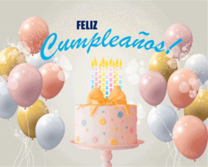 gif de feliz cumpleaños torta velas y globos