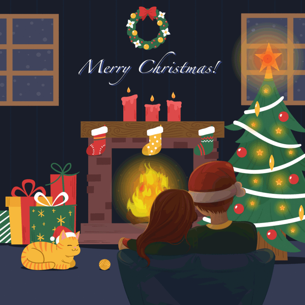 gif merry christmas camino albero fuoco regali abbraccio